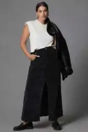NWT Anthropologie 26W The Madi Front-Slit Corduroy Maxi Skirt 26 W New Black