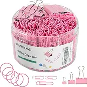 DANRONG Pink Binder Clips Paper Clips,380 PCS Assorted Sizes Paperclips Paper Clamps Rubber Bands for Files, Papers, Home Supplies (Pink)