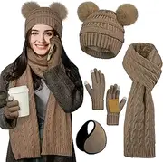 [Aneco] Women Winter Beanie Hat Scarf Gloves Set Warm Fleece Cap with PomPom Knit Anti-Slip Touchscreen Gloves for Cold Weather