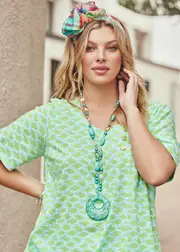 [TS] Taking Shape Button Trim Natural Top Size 20 in Celery / Aqua Print, Viscose - Plus Size Women's Clothing Celery / Aqua Print