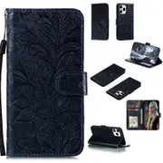 For iPhone 12 Pro Max Case, Lace Flower Folio PU Leather Case, Card Slots, Wallet, Dark Blue