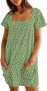 [Naggoo] Women Summer Sundresses Short Sleeve Square Neck Shift Tshirt Mini Dress with Pockets
