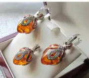 AMBER EARRINGS & PENDANT SET HANDMADE RUSSIAN SOLID STERLING SILVER 925