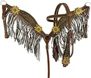 Showman Yellow & Red 3D Floral Accent Leather Headstall & Breast Collar Set w/Fringe, Average Full Size Horse