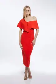 Tall Compact Stretch Off Shoulder Button Through Tailored Midaxi Pencil Dress