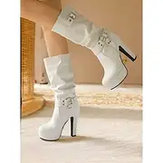 Women's White Knee-High Platform Boots with Buckle Straps and High Heels – Stylish Winter Boots for Bold Fashion Statements