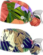 [WOSHJIUK] Working Hat 2 Pack Scrub Caps for Women,Tropical Floral Flowers,Tie Back Cap Adjustable Scrub Hat