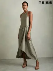 Reiss Khaki Micah Satin Drape Tuck Midi Dress (AV6521) | $325