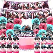 Monster Truck Party Decorating Set - Birthday Banner - Red Blue Black Latex Balloons - Cake Cupcake Toppers for Kids Birthday Party Decor