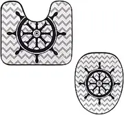 Toilet Lid Cover and U-Shaped Toilet Floor Mat Set of 2 Pieces, Nautical Rudder Toilet Mat Set, Machine Washable Seat Covers Non-Slip Absorbent Rugs