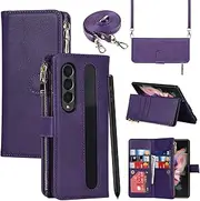 [SailorTech] Samsung Galaxy Z Fold 4 5G Wallet Phone Case with S Pen Holder 9 Card Holder 1 Zipper Coin Wallet 2 Cash Slot Lanyard Flip Leather Cover Purple