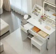 Vanity Desk, Makeup Organizer With A Folding Up Mirror To Make Desktop Stool