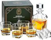 Imperial Whiskey Decanter Set for Men - Regal Trunk Whiskey Glass Set of 4 with Crystal Glass Decanter - Stylish Lead-Free Bourbon Scotch Liquor Dispenser and 4 Rocks Glasses - Glass Polishing Cloth