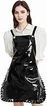 Glossy Cute Ruffled Apron, Lace-Up Model with Two Pockets, Vinyl Apron for Artists and Barbers, Waterproof