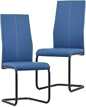 Cantilever Dining Chairs Set, Blue Faux Leather, Metal Frame, Modern Design, Kitchen Room, Dinning Room, Set of