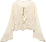 [Sweejim] Women Summer Shirts Solid Chiffon O-Neck Drawstring Bow Street Thin Blouses Tops