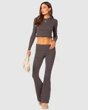 EDIKTED Womens Coffee Break Ribbed Flare Leggings DARK - GREY