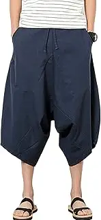 [Maiyifu-GJ] Men's Baggy Linen Capri Pants Elastic Waist Drawstring Harem Yoga Pant Lightweight Casual Wide Leg 3/4 Shorts