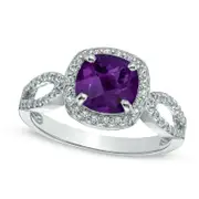 7.0mm Cushion-Cut Amethyst and Lab-Created White Sapphire Ring in Sterling Silver
