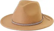LolliWeaver Women Fashion Flat Wide Brim Teardrop Crown Felt Fedora Hat with Hat Belt