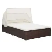Outdoor Rattan Daybed With Folding Canopy Double Sun Lounger Bed Chaise Lounge