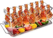 Chicken Leg Wing Rack 14 Slots Stainless Steel Metal Roaster Stand with Drip Tray for Smoker Grill or Oven, Dishwasher Safe, Non-Stick, Great for BBQ, Picnic