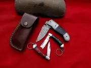 DROP POINT_Buffalo Horn DAMASCUS Steel/Folding Pocket Knives,Hunting Knife+Key R