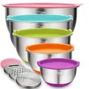 Mixing Bowls with Lids Set 5PCS Stainless Steel Colorful Nesting Bowls with 3...