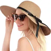 Double Couple Womens Straw Hat Wide Brim Floppy Beach Medium, Bowknot&khaki