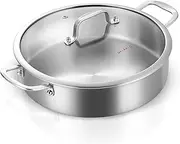 DELARLO Tri-Ply Stainless Steel Saute Pan 6 Quarts Deep Frying Pan, Large Skillet Induction Compatible Jumbo Chef Cooking Pan, Sauté Pan with lid, Dishwasher & Oven Safe