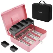Polspag Cash Box with Bag, Metal Money Box with Money Tray, Large Locking Cas...