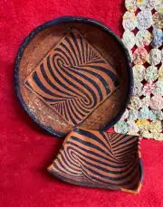 2 Matching Handmade Pottery Bowls Dark Blue & Red Clay Geometric Design