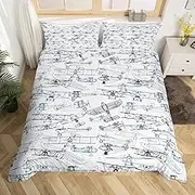 Aeroplane Bedding Set Children's Aeroplane Print Duvet Cover Set Boys Girls Decor Aeroplane Flying Comforter Cover Sketch Style Navy Blue Black White Quilt Cover Modern Bedroom S Size