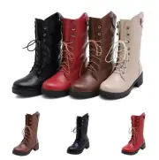British Womens Mid Calf Boots Round Toe Block Heel Lace Up Combat Riding Shoes