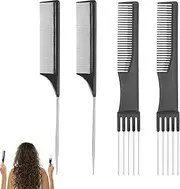 Metal Prong Pick Comb Double-Head Teasing Comb,4Pcs Black Metal Prong Pick Comb,Lift Teasing Comb with Metal Prong,Lift Teasing Comb Salon Teasing Back Comb,Carbon Lift Teasing Combs With Metal Prong