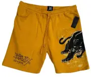 Ed Hardy Graphic Tattoo Black Panther Fleece Sweat Shorts, Yellow, Sz XXL NWT