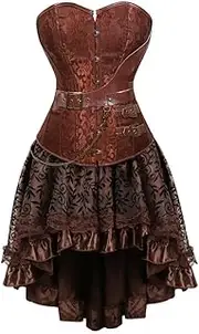 [FAWENLI] Fashion Women'S Corset Tops Brown Gothic Corset Dress Steampunk Faux Leather Corset Bustier With Asymmetrical