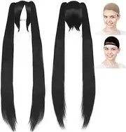 CaseEden Cosplay Wig with Hair Black Rock Shooter Noise Miku Linary Lee Long Black Hair White Merce Wig Net Set of 2