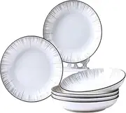 Porcelain Dinner Bowls Set, White with Black Trim, Fluted Design, 6 Pieces，Graying Gray Ceramic Dinner Plates 6 Pack ，Salad Serving Modern Round Dishes - Dishwasher, Microwave, Oven Safe,