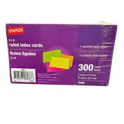 Staples Ruled Index Cards 3" x 5" Assorted Neon Colors 300 Count New in Plastic