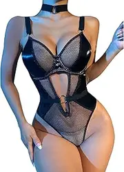 [HieoAnir] Women's Wet Look Lingerie Set, Backless Leather Bodysuit Metal Tassel Chain Sleepwear Clubwear