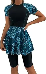 [ODIZLI] Womens Modest Swimsuit Short Sleeve Floral Print Swim Dress with Boyshorts Bathing Suit UPF 50+