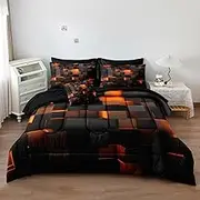 Herside Solid Geometric Queen Size Comforter Set with Sheets,8 Pcs Orange Black Queen Bed in a Bag Set,Gradual Change Honeycomb Quilt Set,Modern Square Texture Luxury Bedding Set for All Season