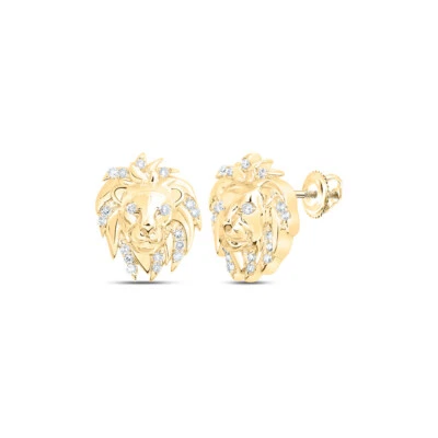 10K Yellow Gold Mens Round Diamond Lion Face Stud Earrings 1/12 Cttw