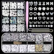 Flatback White Nail Charms Set, Assorted Bow Heart Flowers Acrylic Nail Art Charms, AB Rhinestones Nail Gems, Round Pearls Nail Charms, Silver Gold Butterfly Nail Charms Gems for Nail Art DIY