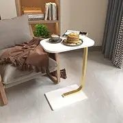 Oval Side Table Sofa and Bed Side Table, C Shaped End Table Small Coffee Table for Small Spaces,Small Side Table Bedroom Bedside Table, Living Room Wood Couch Tables That Slide Under (White-Gold)