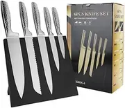 Kitchen Knife Set with Magnetic Knife Holder, 6 Pieces Titanium Plated Stainless Steel Sharp Kitchen Chef's Knife Including Chef's Knife, Bread Knife, Serrated Steak Knife Set with Gift Box