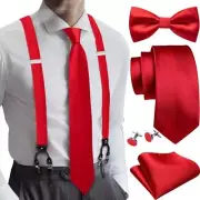 Mens Solid Suspenders Bowtie Necktie 6 Clips Strength Adjustable Braces Red