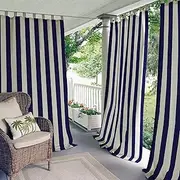 Elrene Home Fashions 026865874464 Indoor/Outdoor Tab Top Stripe Single Panel Window Curtain Drape, Navy, 50" x 95"