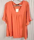 BloomChic Womens TOP 18 20 Boho Chic Orange V-Neck Flowy Pullover Ruffle NEW